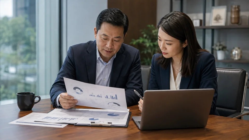 AI 场景示意：企业经营者与同事分析经营报表